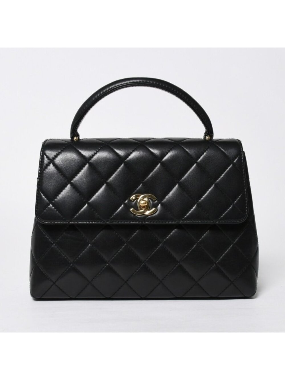 Chanel Kelly Shape Handbag Top Handle Lambskin Black Gold